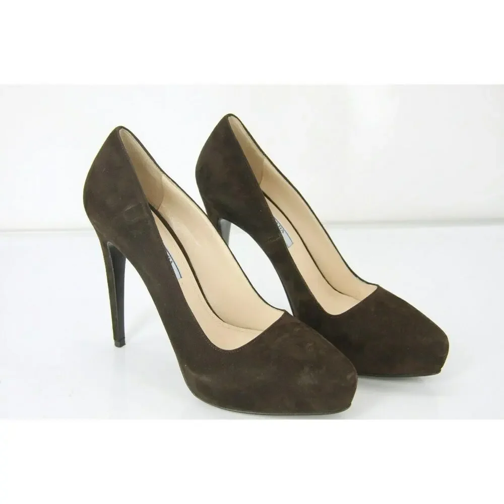 Prada Classic Brown Suede Leather Hidden Platform Heel Pump Pointy Toe NIB